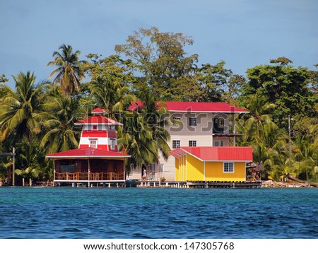 Tropical coast with colorful resort over the sea, Caribbean, Bocas del toro, Panama