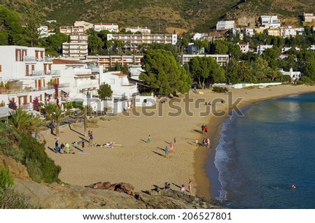 Mediterranean beach of L\'Almadrava in Canyelles Grosses with rental apartments, Rosas, Costa Brava, Catalonia, Spain