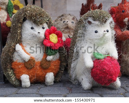 Hedgehogs, animal figures for garden decoration.