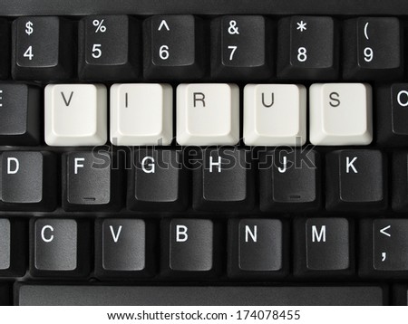 Computer keyboard with keys forming virus word.