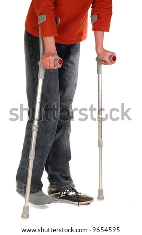 Someone with crutches isolated on white background