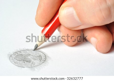 Hand with pencil drawing quarter dollar coin