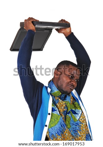 A angry black man throwing his laptop over his head, for white background.