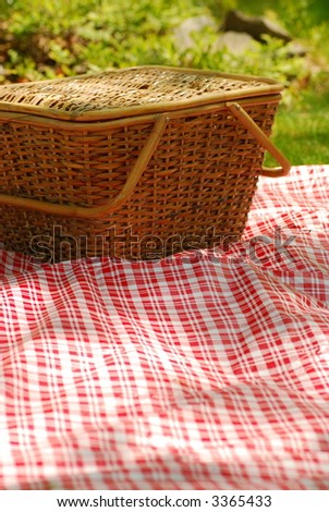 picnic basket on red & white tablecloth