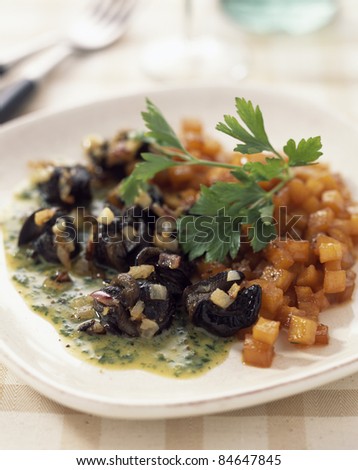 Snail Fricassee in parsley sauce with pan-fried Swedish turnips
