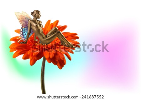Sexy woman pixie sitting on red gerber daisy in fantasy magic world