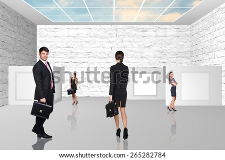 Business people walking on art gallery with sky roof