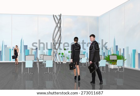 Young people in the modern office with large windows