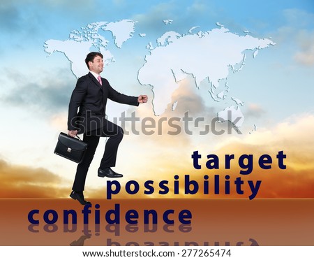 Image of confident businessman with briefcase walking up to target. Map from NASA