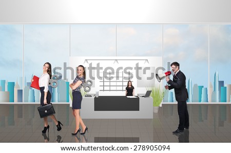 Office reception with people. Illustrated background. Megaphone