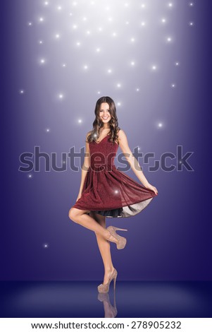 Smiling Lovely girl. Violet Background with stars