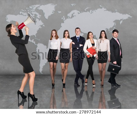 Recruitment agency. Business woman with megaphone standing in front of other busines people