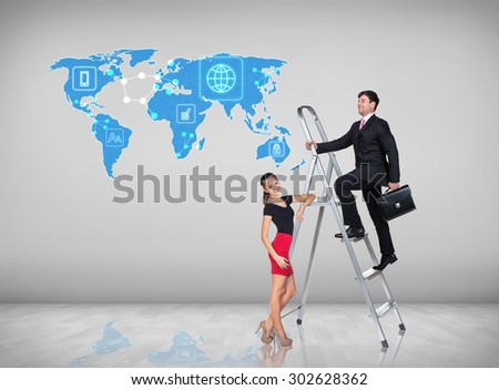 Businessman with woman assistant climbing a ladder with motivation background. Elements of this image furnished by NASA