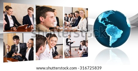 Collage of business people in conference hall with globe. Elements of this image furnished by NASA