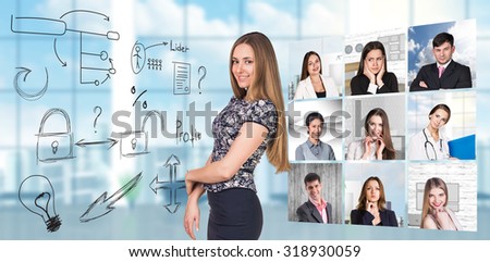 Collage of people from different professions squared blocks with business concept and businesswoman in the center