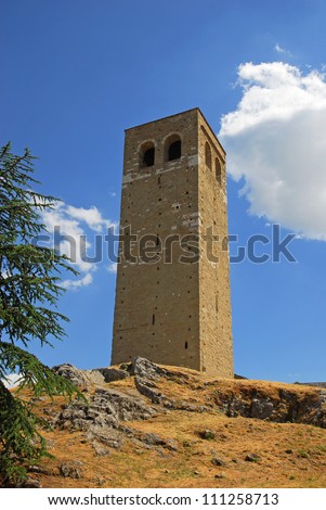 Italy. Romagna Apennines, San-Leo village Cathedral impressive bell-tower.