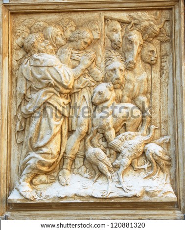 BOLOGNA - SEPT 10: The Noah exits the ark Genesis sculpture temporary exposed out Saint Petronius Basilica to collect money for Basilica restoration. September 10, 2012 in Bologna Italy