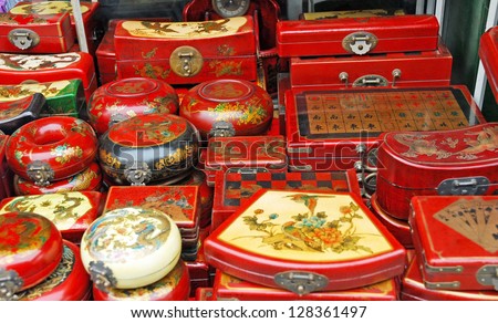 SHANGHAI, CHINA-MAY 4:  Dongtai Lu Antique Market Chinese boxes on sales. The market is great for mementos and souvenirs of Shanghai. May 4, 2007 Shanghai, China