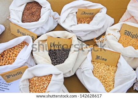 RAVENNA, ITALY Ã¢Â?Â?MAY 5: seeds used in medieval time at the Wednesday outdoor market medieval exhibition. The place is very popular and attracts thousands of people. May 5, 2013 Ravenna Italy