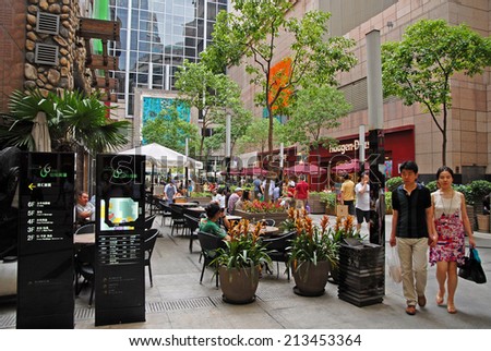 SHANGHAI, CHINA-AUGUST 18, 2013: locals and tourists in the Xuhui district pedestrian area. Life example in the largest Chinese city by population.