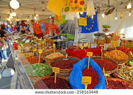 CERVIA, ITALY-SEPTEMBER 21, 2014: dry fruits  stand at the annual International food outdoor market. This market is very popular and attract thousands of tourists.
