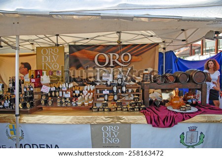 CERVIA, ITALY-SEPTEMBER 21, 2014: typical Modena vinegar stand at the annual International food outdoor market. This market is very popular and attract thousands of tourists.