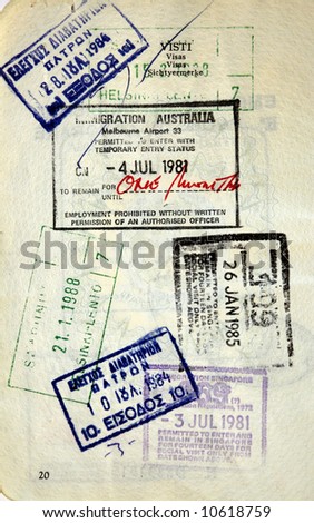 Italian passport. Australia,Singapore,Greece, Finland border stamps