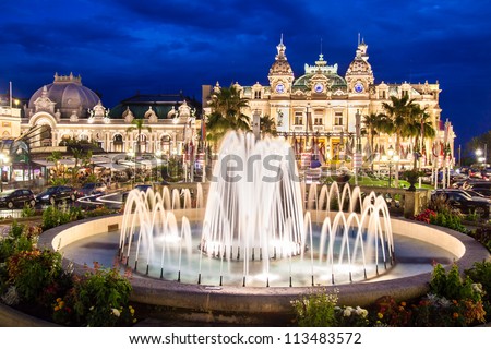 The Monte Carlo Casino, gambling and entertainment complex in Monte Carlo, Monaco, Cote de Azul, Europe. It includes a casino, Grand Theatre de Monte Carlo, and office of Les Ballets de Monte Carlo.