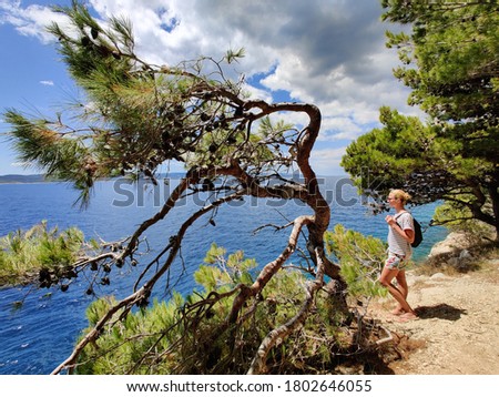 Similar – Image, Stock Photo Young active feamle tourist wearing small backpack walking on coastal path among pine trees looking for remote cove to swim alone in peace on seaside in Croatia. Travel and adventure concept.