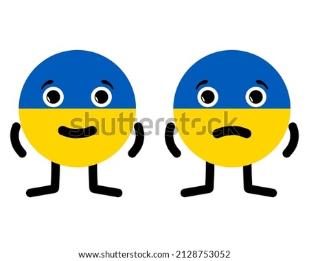 Two characters in the form of national Ukrainian flag. Happy and sad cartoon emoticon is depicted as Ukraine. Cute emoji faces symbolizing the situation in the country during military operations