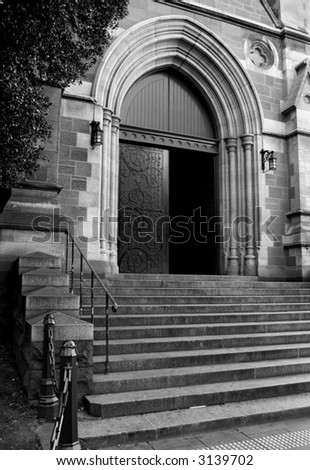 Black and white photo of the church entrance