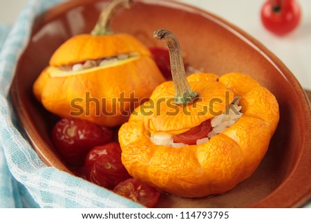 Yellow squash, baked with rice and tomatoes