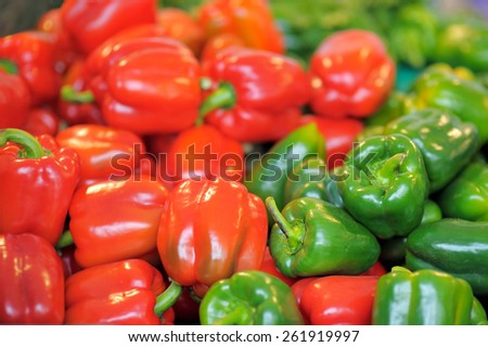 Fresh healthy bio red and green paprika on Paris farmer agricultural market