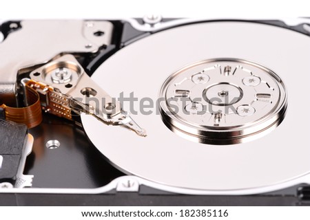 Open computer hard drive on white background close view