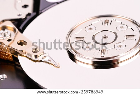 Open computer hard drive on white background top view
