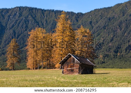 alpine landscape of the Mieming Plateau with alpine hut, Austria, Tyrol