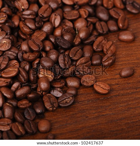 Image of dark coffee beans on vintage wooden board/Dark coffee beans