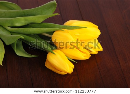 Studio image of lovely yellow tulips over dark brown wooden texture
