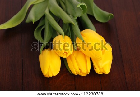yellow tulips over dark brown wooden texture