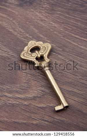 Antique metal key on dark wooden background/Beautiful old key