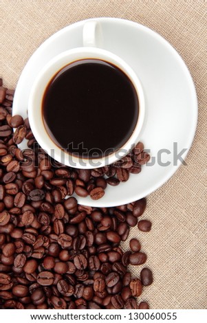 White cup of coffee to get energy/Image of coffee beans and white cup