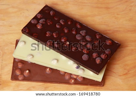 milk, dark and white chocolate bars