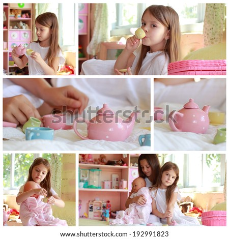 Set of images of happy cheerful young children in the room playing with toys and smiling on the background of bright toys