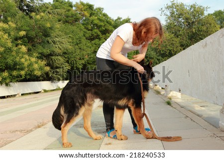 Cute young woman combing her German Shepherd puppy on the theme care and pet care