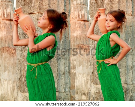 Collage of photos of beautiful young Greek goddess in emerald green vintage dress/ Set of images of little girl holding of an ancient amphora on the background of the ruins of the ancient city