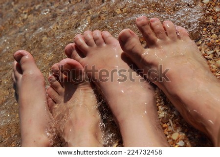 Adults and children\'s feet in the sand with sea water on the beach on a summer day on the theme of travel and summer vacations