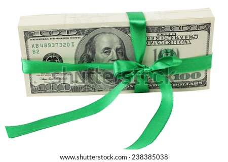 Pack of dollars in a green ribbon on white background on Holiday