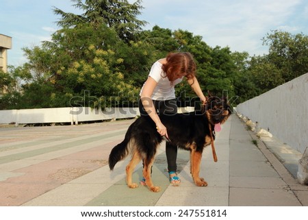 Cute young woman combing her German Shepherd puppy on the theme care and pet care