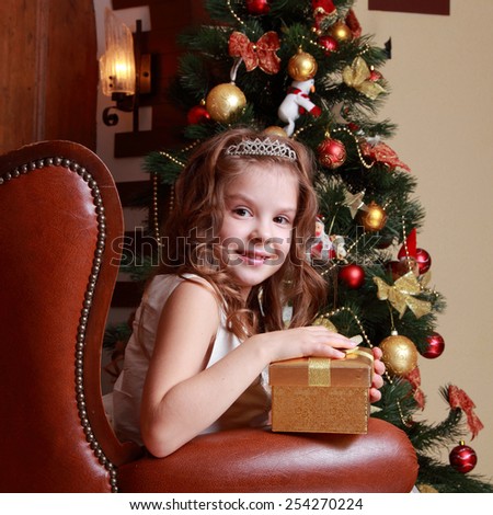 Tender little girl in a dress of Princess around the Christmas tree on Holiday theme