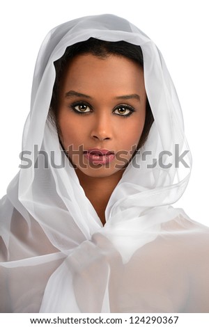 Beautiful African American woman with veil isolated over white background